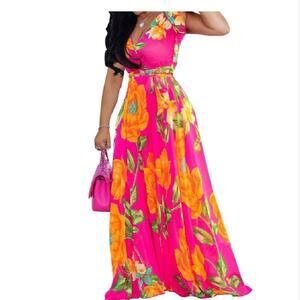 New‎ Tropical Chiffon Dress Romantic Sleeveless Maxi Flowy Dress Belted Size L